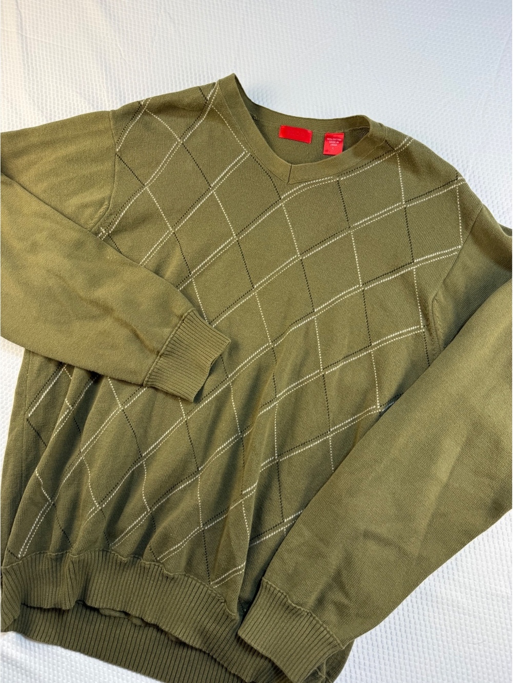 IZOD Mens Large Olive Green Argyle V Neck Cotton Sweater Preppy Academia